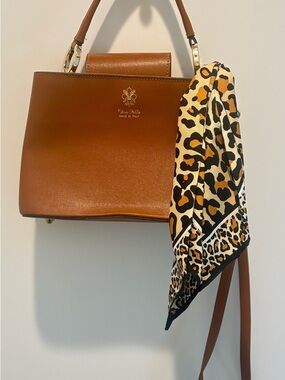 Vera Milano Tan Leather Top-Handle Satchel with Leopard Scarf